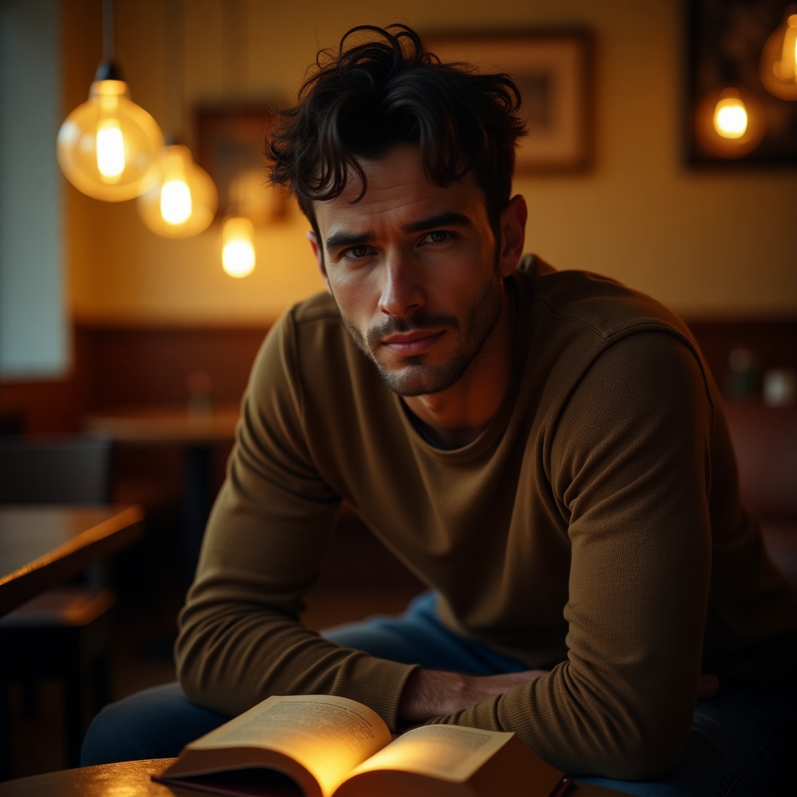 Flux dev a charismatic infj man sits in a dimly lit intimate c 0
