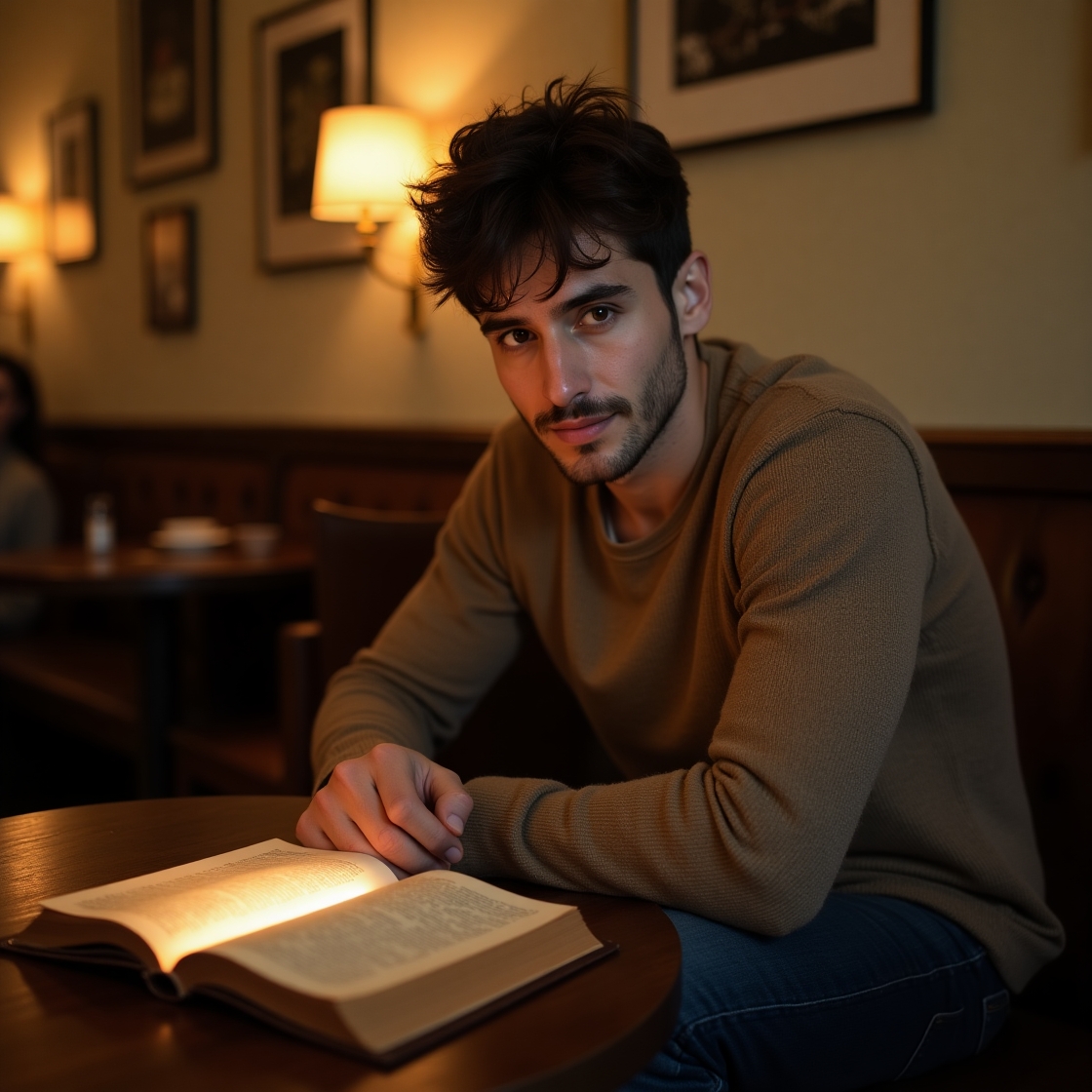 Flux dev a charismatic infj man sits in a dimly lit intimate c 1