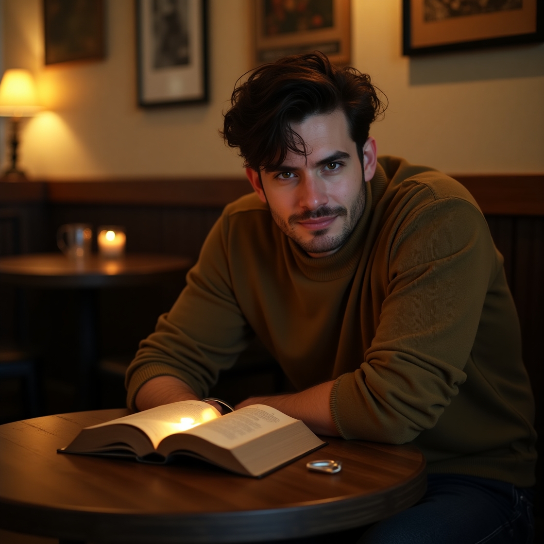 Flux dev a charismatic infj man sits in a dimly lit intimate c 2
