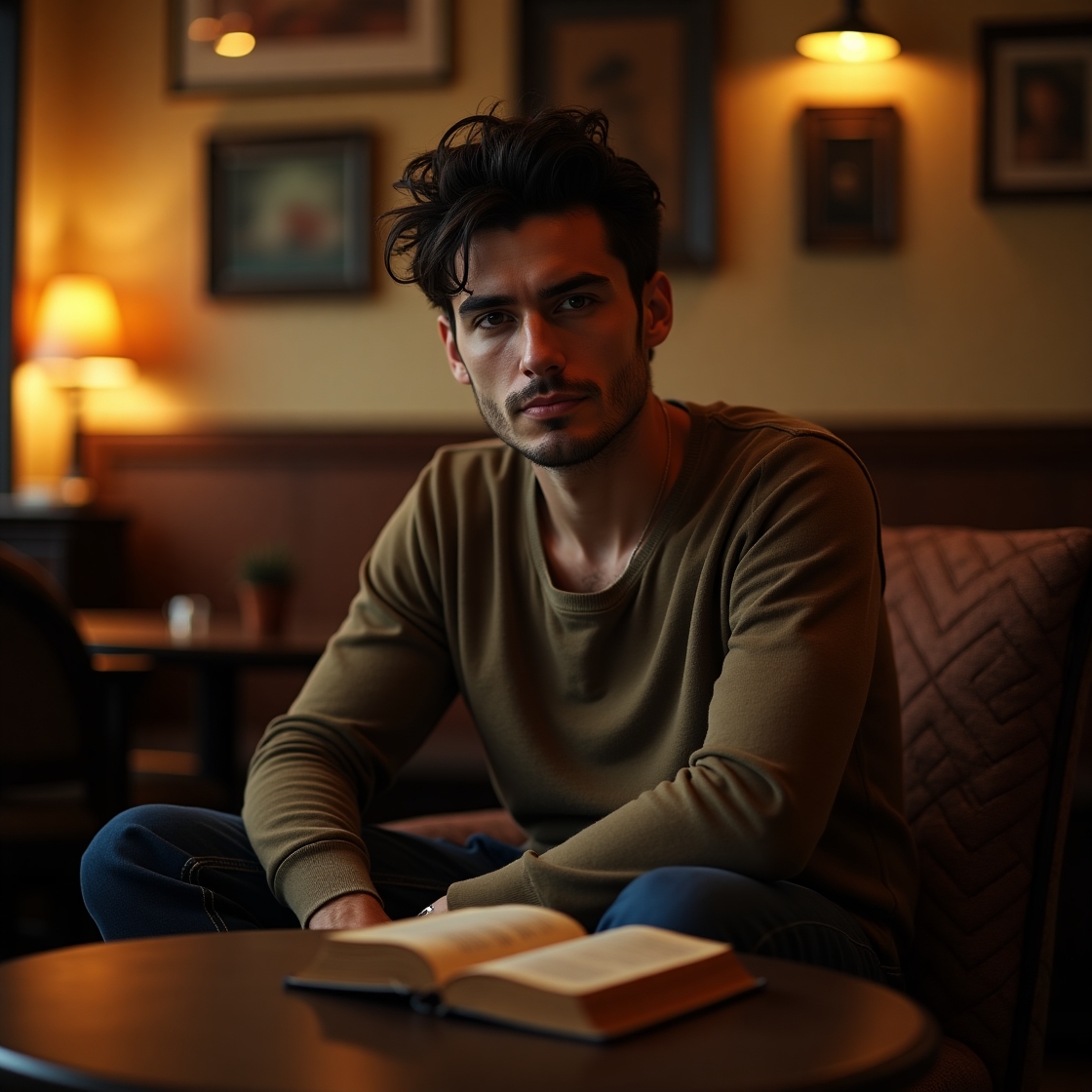 Flux dev a charismatic infj man sits in a dimly lit intimate c 3