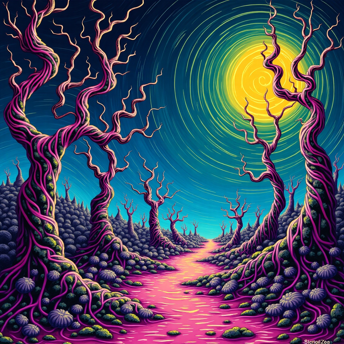 Flux dev a vibrant surreal dreamscape with swirling patterns a 0