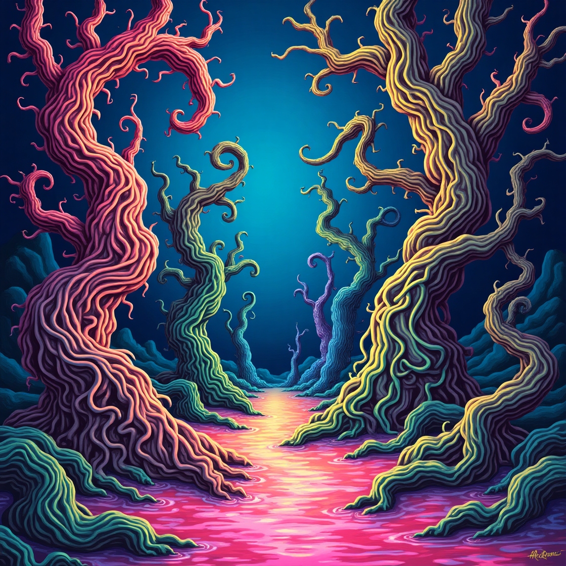Flux dev a vibrant surreal dreamscape with swirling patterns a 3