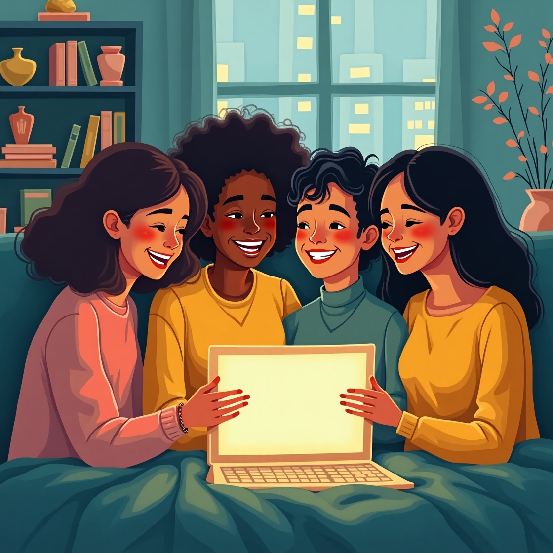 Flux dev a warm and cozy illustration depicting a group of fiv 0