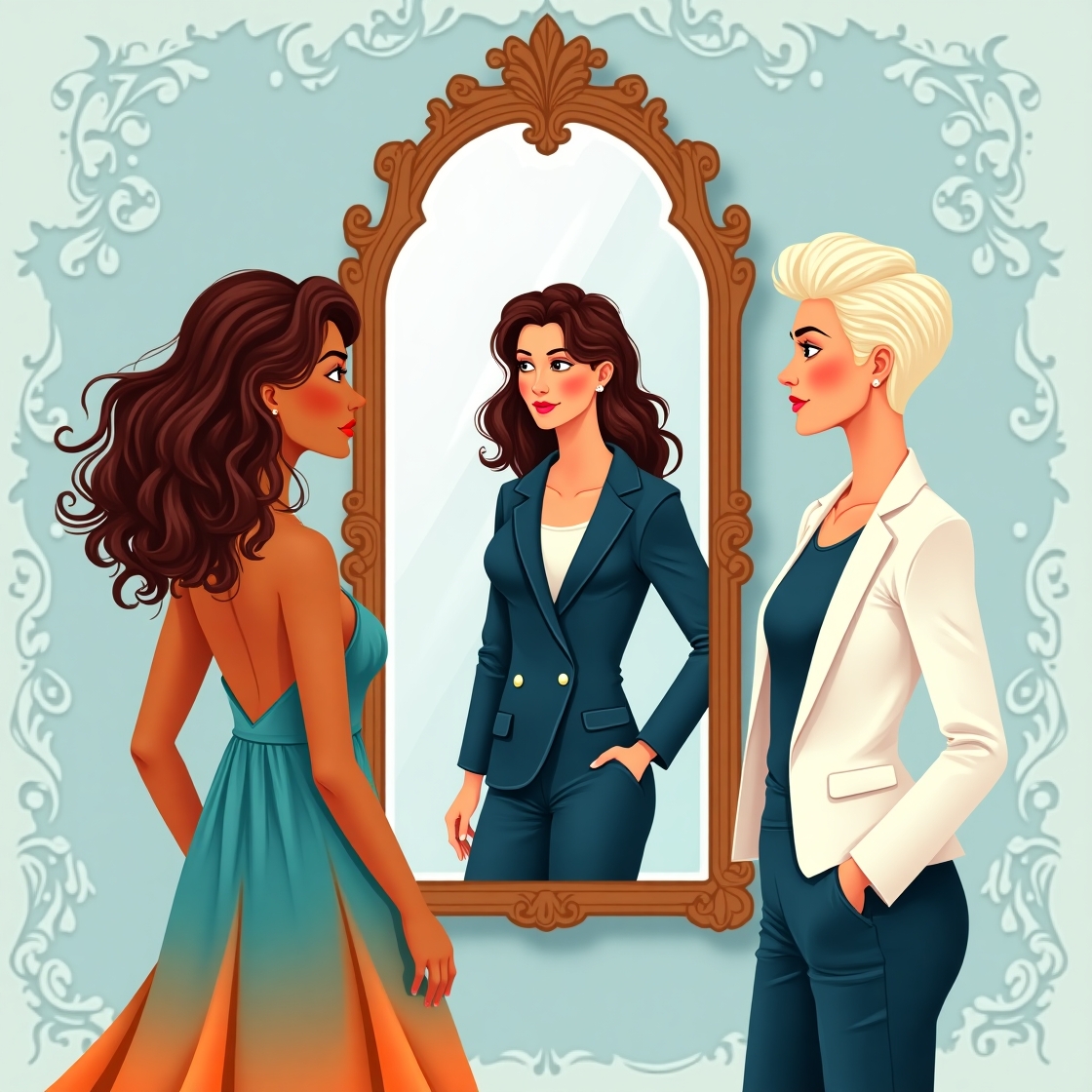 Flux dev an illustration of three women each representing an e 0