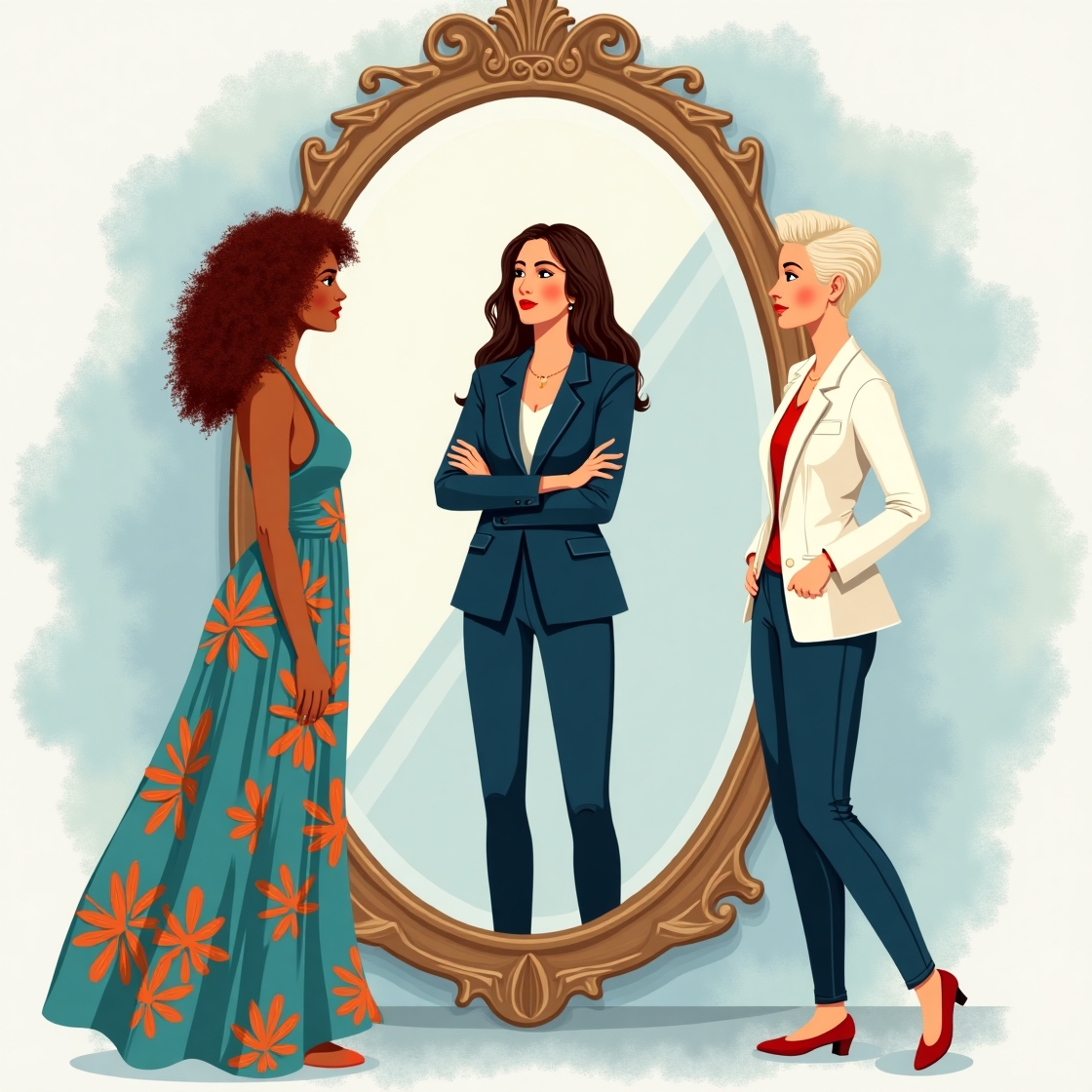 Flux dev an illustration of three women each representing an e 1