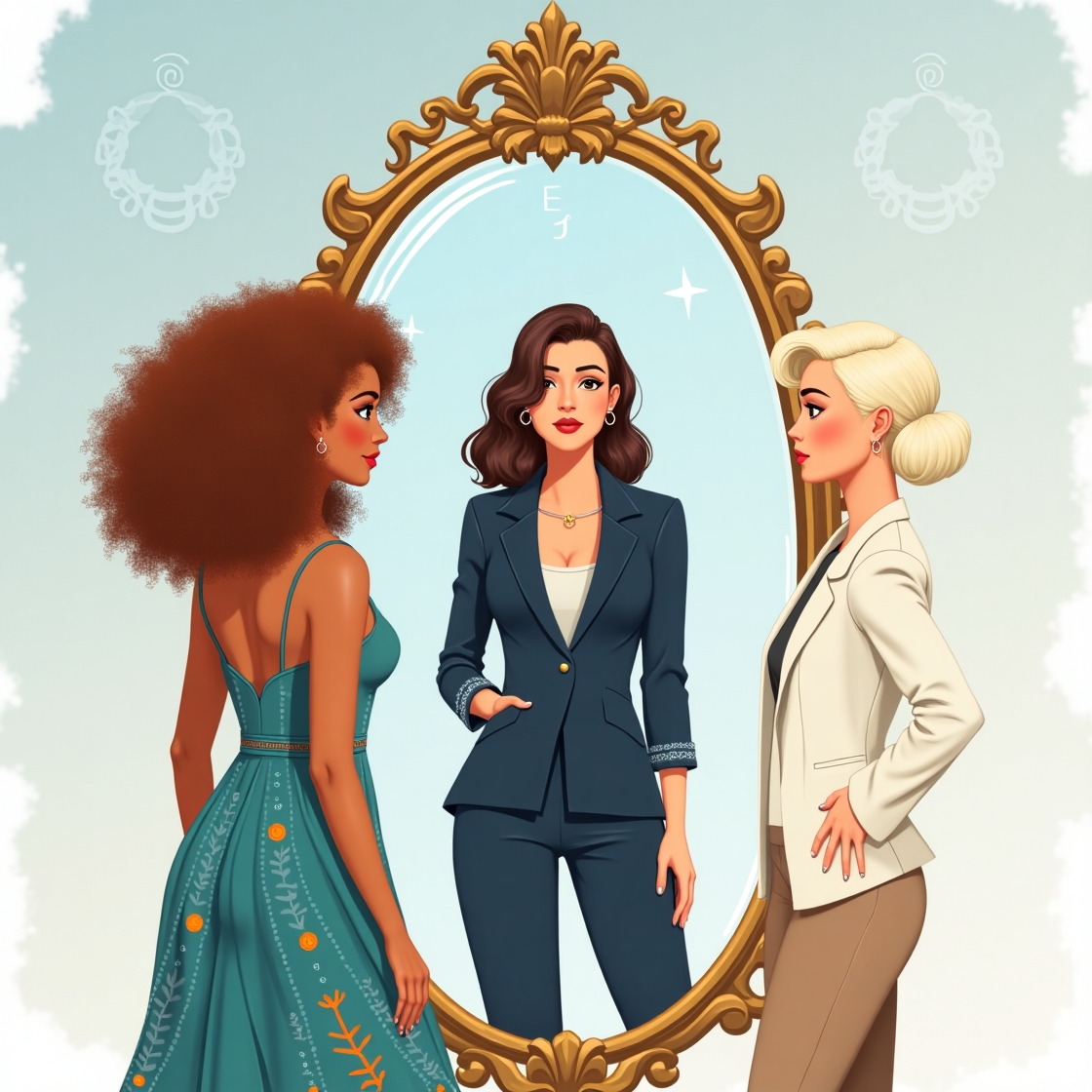 Flux dev an illustration of three women each representing an e 2